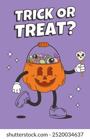 Halloween poster. Pumpkin head with candy. Cartoon retro groovy style postcard, flyer, banner.