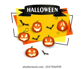 Afiche de Halloween con faroles de calabaza y murciélagos. Diseño de invitación o publicidad. Texto manuscrito y mecanografiado, caligrafía. Para folletos, folletos, invitaciones o Anuncios