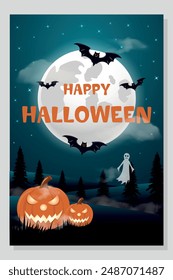 Halloween poster with pumpkin, moon and ghosts on the background of a night forest. A template for a flyer or an invitation to a Halloween party. Vector illustration.
