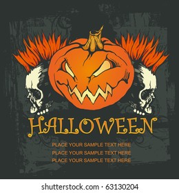 halloween poster with Pumpkin and punk skulls. vector illustration