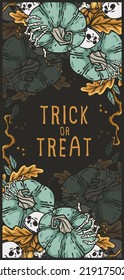Halloween poster with pumpkin and skeleton hand. Fear, horror and spooky symbol for design dark party of happy halloween