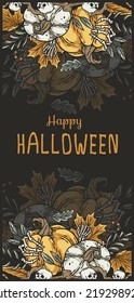 Halloween poster with pumpkin and skeleton hand. Fear, horror and spooky symbol for design dark party of happy halloween