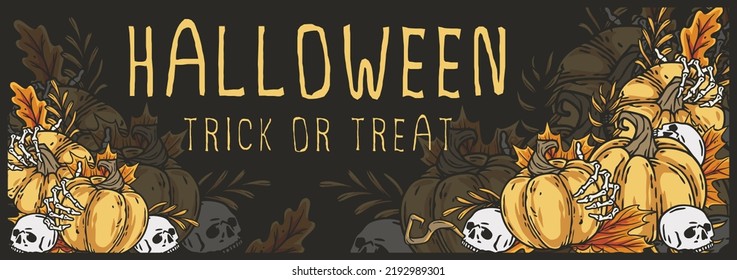 Halloween poster with pumpkin and skeleton hand. Fear, horror and spooky symbol for design dark party of happy halloween