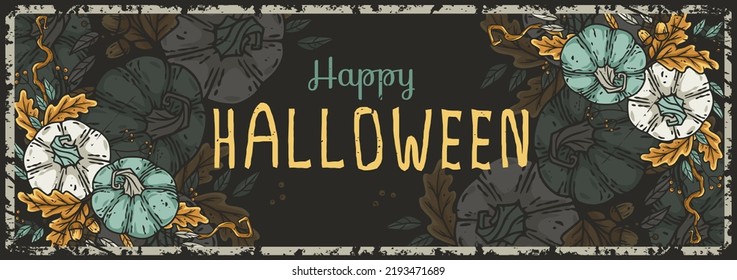 Halloween poster with pumpkin and skeleton hand. Fear, horror and spooky symbol for design dark party of happy halloween