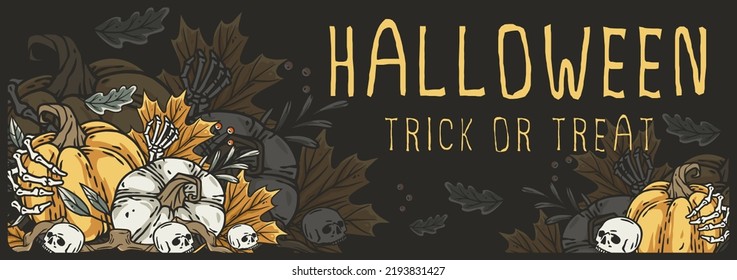 Halloween poster with pumpkin and skeleton hand. Fear, horror and spooky symbol for design dark party of happy halloween