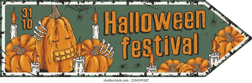 Halloween poster with pumpkin and skeleton hand. Fear, horror and spooky symbol for design dark party of happy halloween