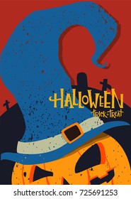 Halloween poster with pumpkin in a witch hat. Halloween illustration for postcard and banner. Horror red, blue and black background.