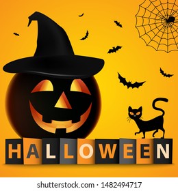 Halloween poster with pumpkins bats and cat template