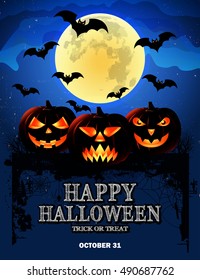 Halloween Poster with pumpkins Bats Spider on Grunge Cemetery