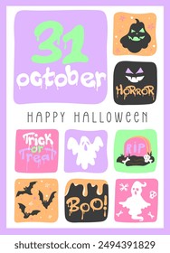 Halloween poster with pumpkins, ghosts, bats and spiders in pastel colors. Hand drawn doodle collage, great for Halloween banners, posters, card and invitation. Vector illustration