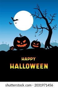 Halloween poster with pumpkins, ghosts, black cat, gloomy graveyard landscape. Festive postcard. Vector illustration.