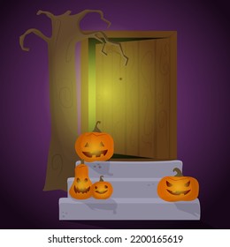Halloween poster. Pumpkins jack that decorates the threshold of the witch's house under an old tree. Vector illustration for autumn holiday.