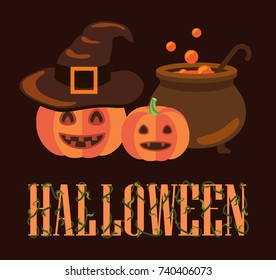 Halloween poster with pumpkins, one of them is wearing witch hat, and image of pot with potion in it vector illustration isolated on black