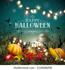 Halloween poster with pumpkins and other traditional Halloween decorations in front of a night landscape