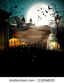 Halloween poster with pumpkins and other traditional Halloween decorations in front of a night landscape. Place for your text.