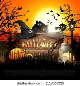 Halloween poster with pumpkins and other traditional Halloween decorations in front of a landscape at sunset.