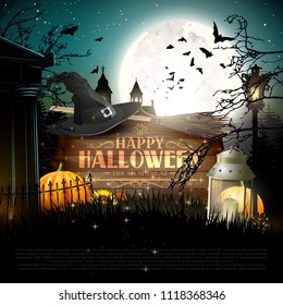 Halloween poster with pumpkins and other traditional Halloween decorations in front of a night landscape.