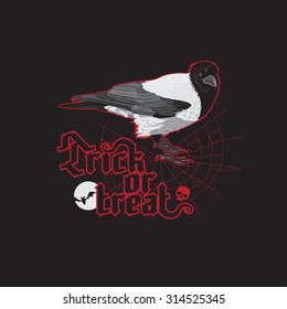Halloween poster. Raven with Trick Or Treat Halloween gothic font