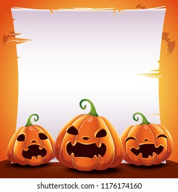 Halloween poster with realistic pumpkins on orange background with text place on sheet of paper, parchment and with bats. Vector illustration for posters, banners, invitations, advertising, flyers.