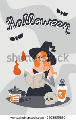 Halloween Poster with Red Witch Reading Magic Book, Ghost Cat Familiar, Potion Bottles and Skull. Vector design template for cards, cover, banner, flyer, web, social media
