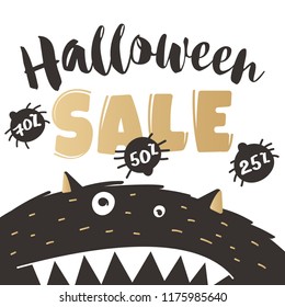 Halloween poster for sale in hand drawn style with a black monster in black and gold colors