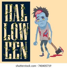 Halloween poster with scary monster with bloody ax, undead person with hammer vector illustration with creature on light pink background