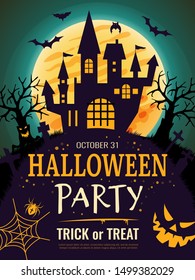 Halloween Poster. Scary Party Invitation Flyer Template With Horror Symbols Pumpkin Bones Skull Vector Halloween Background