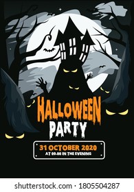 
Halloween poster. Scary party invitation flyer template with horror symbol, vector halloween background