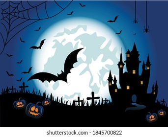 Halloween poster. Scary party invitation flyer template with horror symbols pumpkin vector halloween background