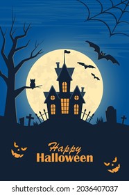 Halloween poster, scary party invitation flyer, banner. Dark castle, moon, bats, graves, tombstones, crosses, tree owl pumpkins Halloween night vector illustration