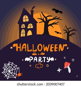 Halloween poster. Scary party invitation flyer template with horror symbols pumpkin bat spider vector halloween banner