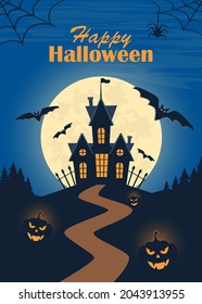 Halloween poster, scary party invitation flyer, banner. Dark castle, moon, bats, graves, tombstones, crosses, tree owl pumpkins Halloween night vector illustration