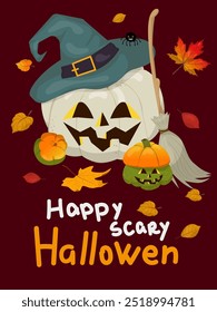 Halloween poster. Scary party invitation, flyer template with carved pumpkin in witch hat. Vector illustration in flat style.