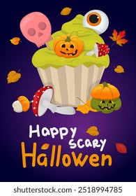 Halloween poster. Scary party invitation, flyer template with treats for the holiday. Vector illustration in flat style.