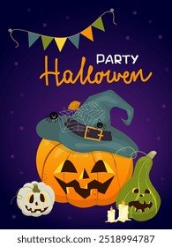 Halloween poster. Scary party invitation, flyer template with carved pumpkin in witch hat. Vector illustration in flat style.