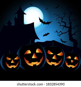 Halloween poster with scary pumpkins in blue black design