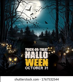 Halloween poster with scary trees and pumpkins in the woods