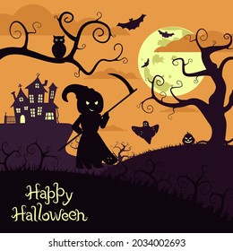 Halloween poster with scary trees, reaper with scythe, an owl, pumpkin and bats on the background of the moon and sky. Color vector illustration, banner for an invitation card.