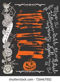 Halloween poster with scary witch objects, pumpkin head and lettering on texture background. Graphic vector engraved illustration with design elements for invitations, banner