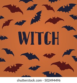 Halloween poster with Seamless pattern bats and modern hand drawn calligraphy - Witch. Vector illustration.