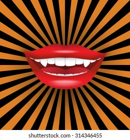 Halloween poster. Seductive vampire smile on black&orange burst background. Vector illustration suitable for party invitations, cards, holiday discounts and sale announcements. 