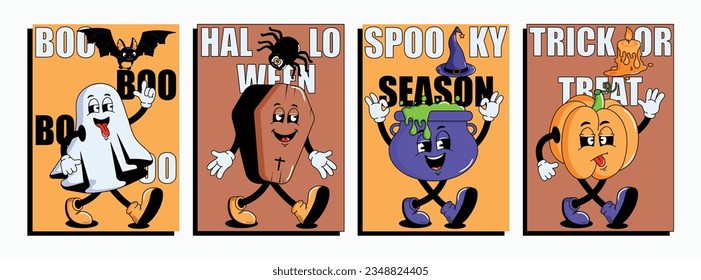 Halloween poster set. Fashion groovy retro 70s-80s cartoon style. Retro funny vector illustration.