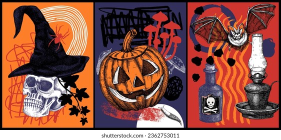 Halloween poster set. Hand-drawn vector illustration. Skulls, bats, pumpkins, poisonous mushrooms, ravens, witch hat sketches. Autumn holiday invitation, flyer design. Trendy Halloween party collage 