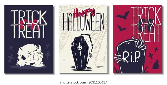 Halloween poster set with skeleton or vampire get out of coffin or grave. Halloween scull of undead and walking dead. Fear, horror and spooky zombie for dark party