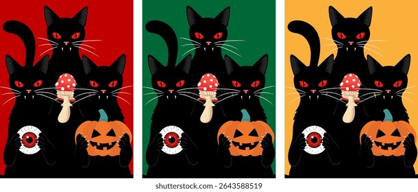 halloween poster set with three black cats red eyes pumpkins and magic mushrooms on red green and orange backgrounds