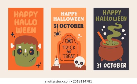 Halloween poster set. Trendy flat style and funny characters. Cute vector poster set for postcard, flyer, banner