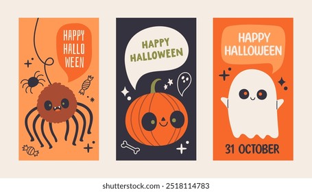 Halloween poster set. Trendy flat style and funny characters. Cute vector poster set for postcard, flyer, banner