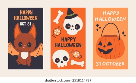 Halloween poster set. Trendy flat style and funny characters. Cute vector poster set for postcard, flyer, banner