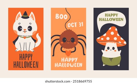 Halloween poster set. Trendy flat style and funny characters. Cute vector poster set for postcard, flyer, banner