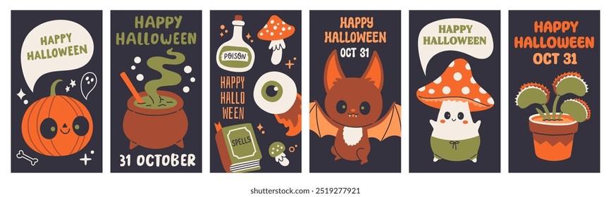 Halloween poster set. Trendy flat style and funny characters. Cute vector poster set for postcard, flyer, banner